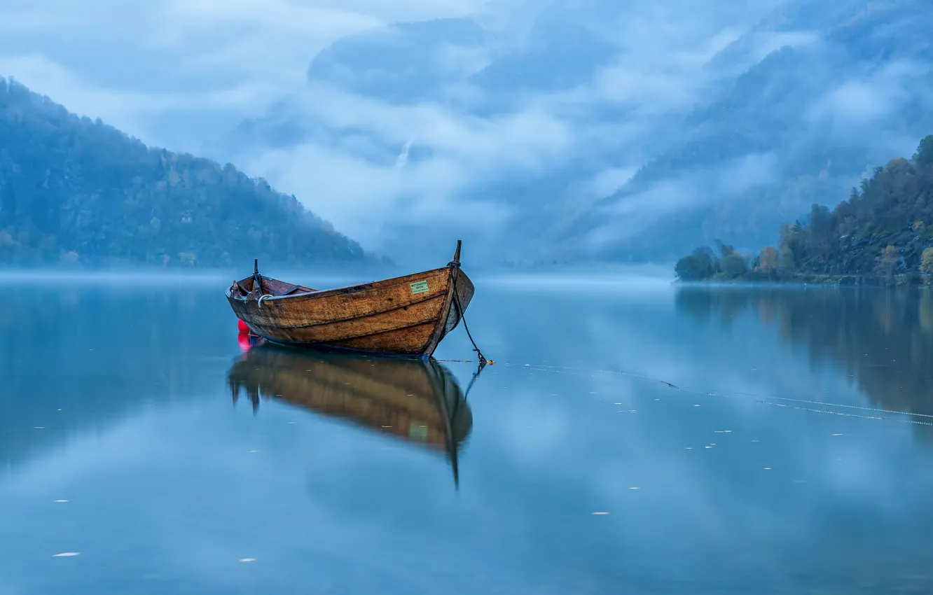 Photo wallpaper fog, lake, boat