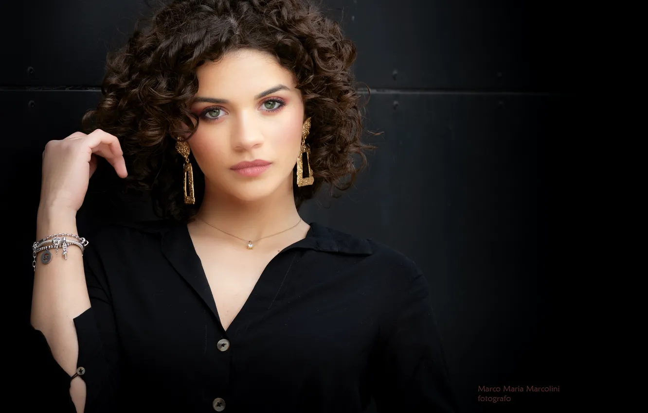 Photo wallpaper the dark background, portrait, earrings, brunette, bracelet, beautiful girl, black blouse, Marco Maria Marcolini