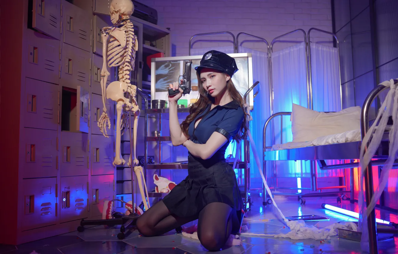 Photo wallpaper look, pose, gun, model, skirt, portrait, makeup, figure