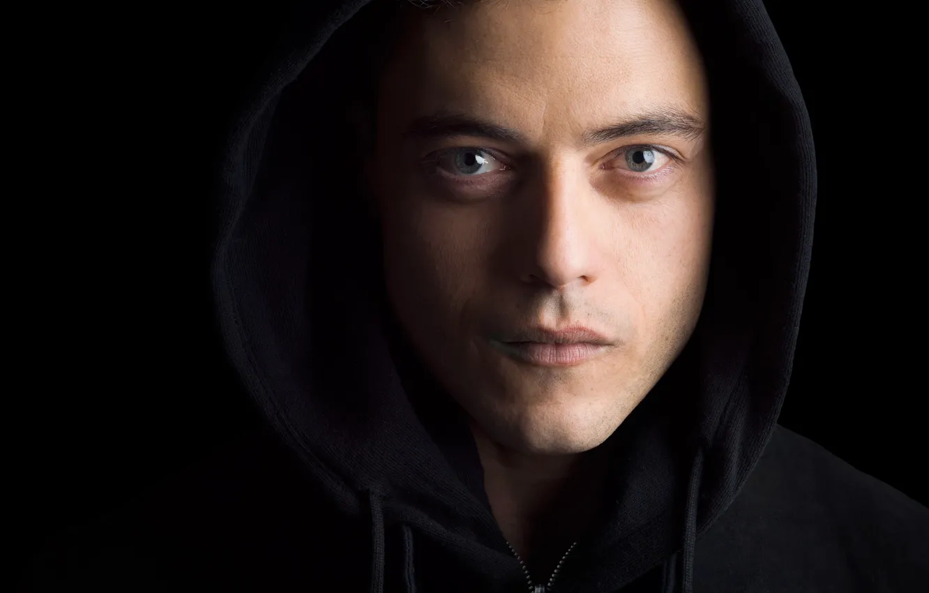 Photo wallpaper look, face, hood, the series, black background, closeup, tv series, Rami Malek