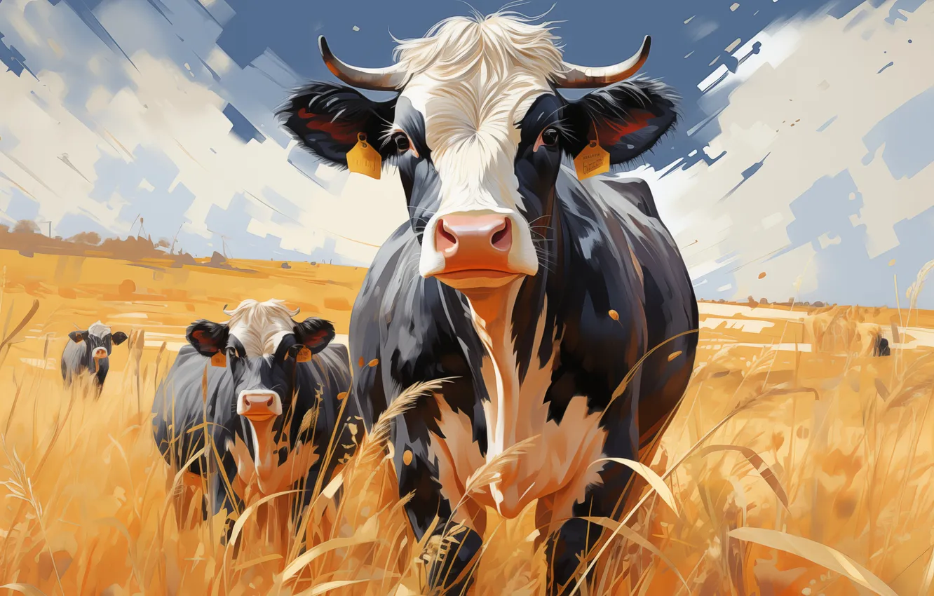 Photo wallpaper grass, cows, digital art, AI art, The Art of Artificial Intelligence, neural network