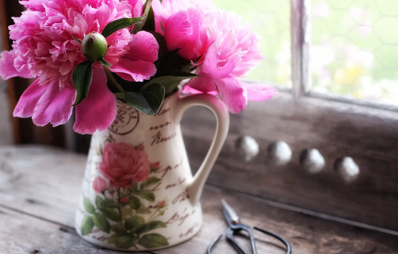 Photo wallpaper pitcher, scissors, peonies