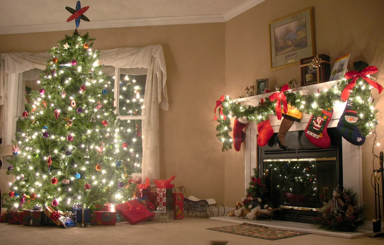 Photo wallpaper holiday, tree, home, fireplace