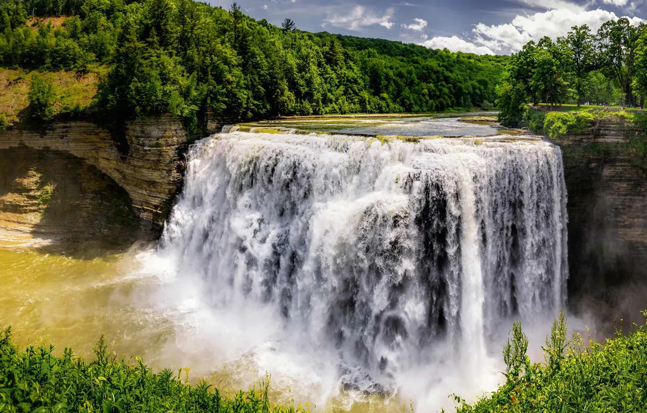 Photo wallpaper trees, river, rocks, waterfall, USA, the state of new York, Park Letchworth