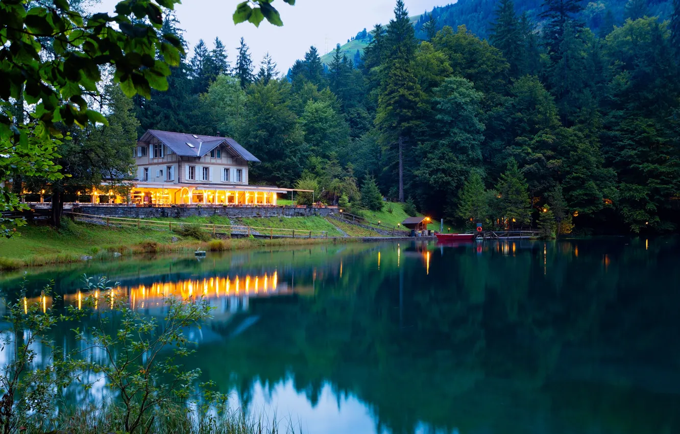 Photo wallpaper greens, forest, trees, mountains, lights, lake, house, boat