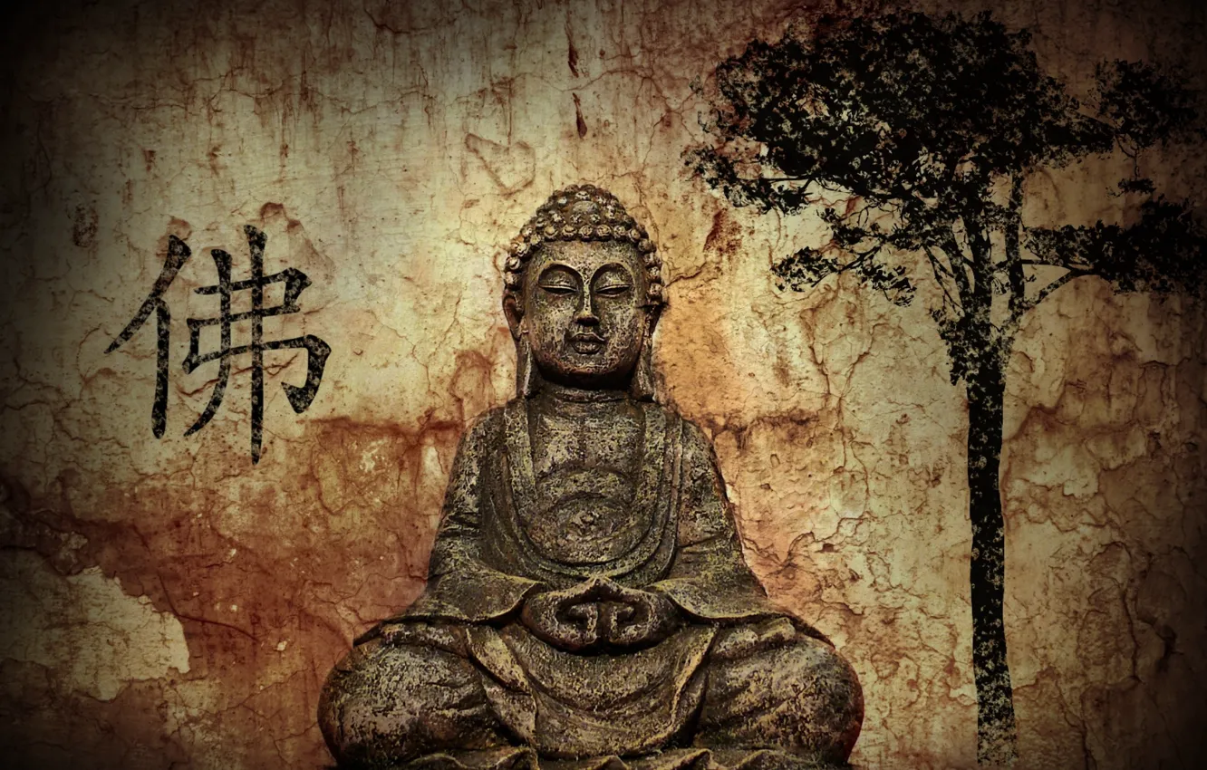 Photo wallpaper tree, calm, characters, statue, tree, tranquility, statue, stone wall