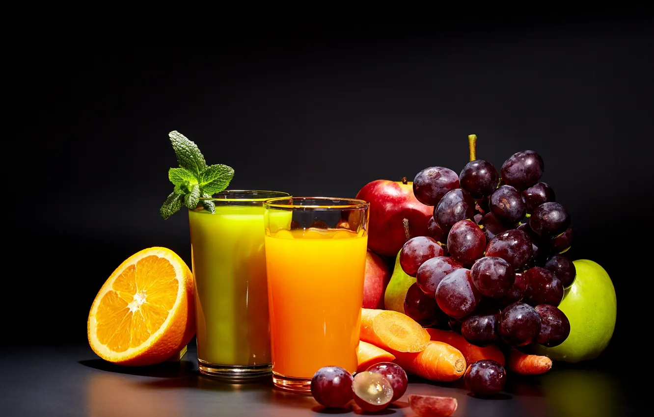 Photo wallpaper apples, juice, grapes, citrus, mint, carrots