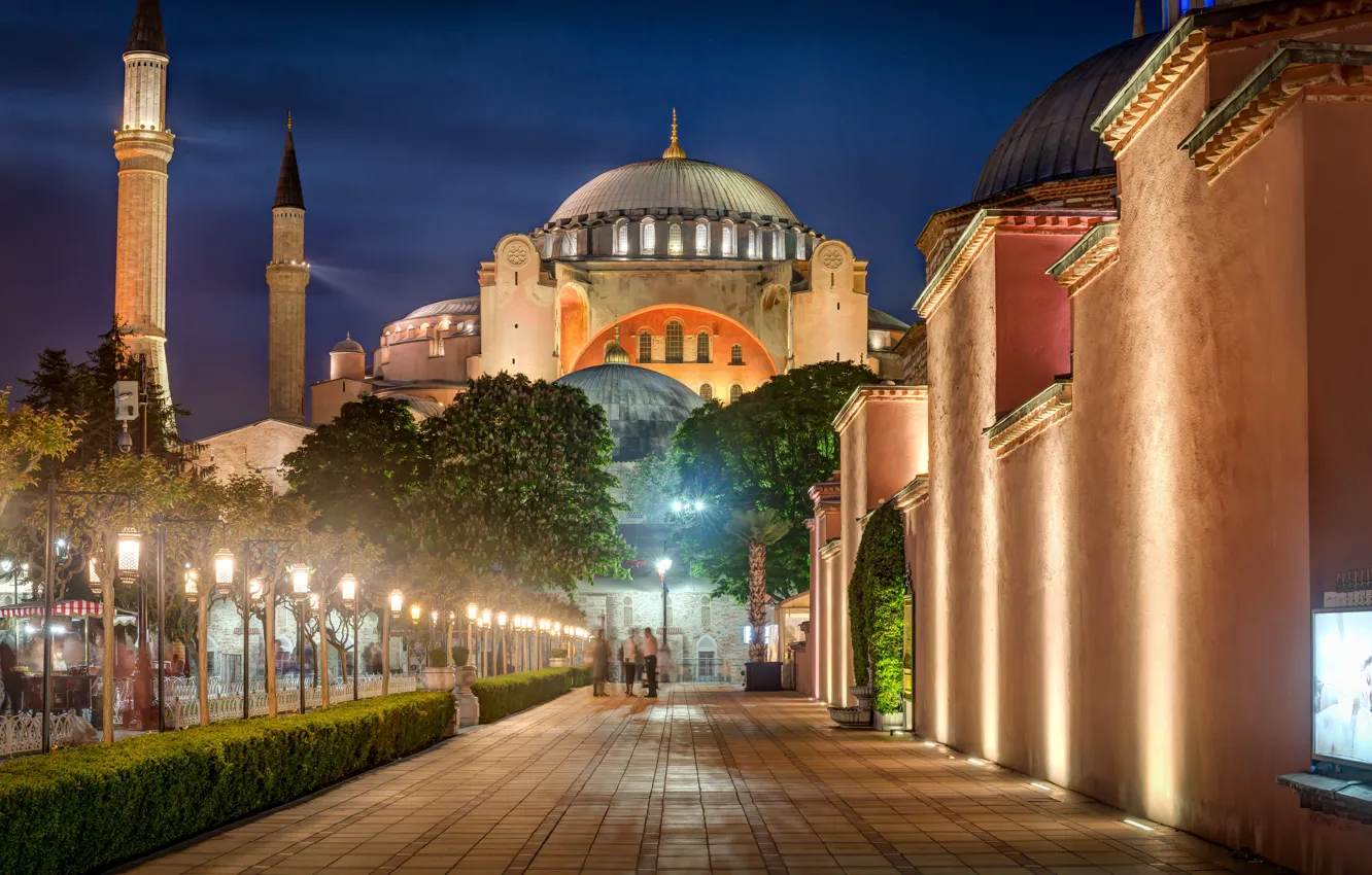Photo wallpaper the city, street, the evening, lighting, lights, tower, mosque, architecture