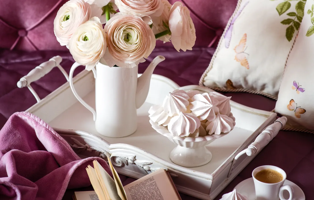 Photo wallpaper style, coffee, bouquet, Breakfast, book, Ranunculus, meringue, meringue