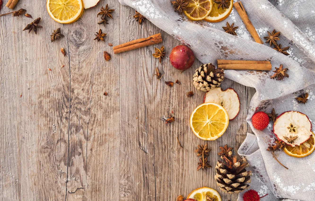 Photo wallpaper winter, holiday, apples, Board, oranges, Christmas, New year, cinnamon
