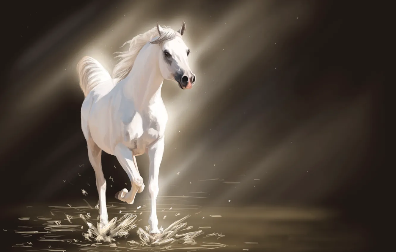 Photo wallpaper water, light, squirt, horse, horse, art, white, the sun's rays