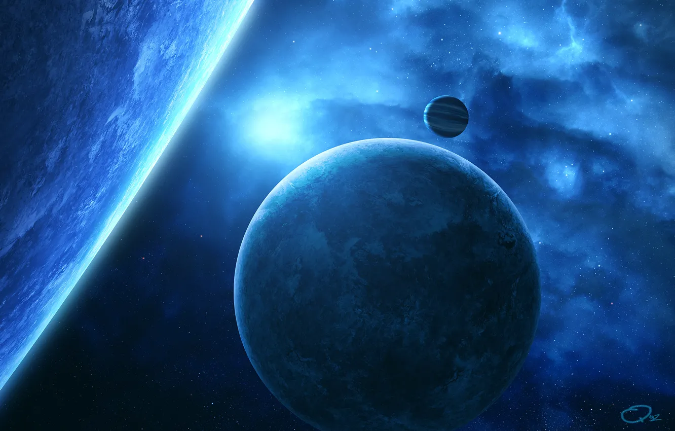 Photo wallpaper space, stars, nebula, planet, satellite, art, QAuZ