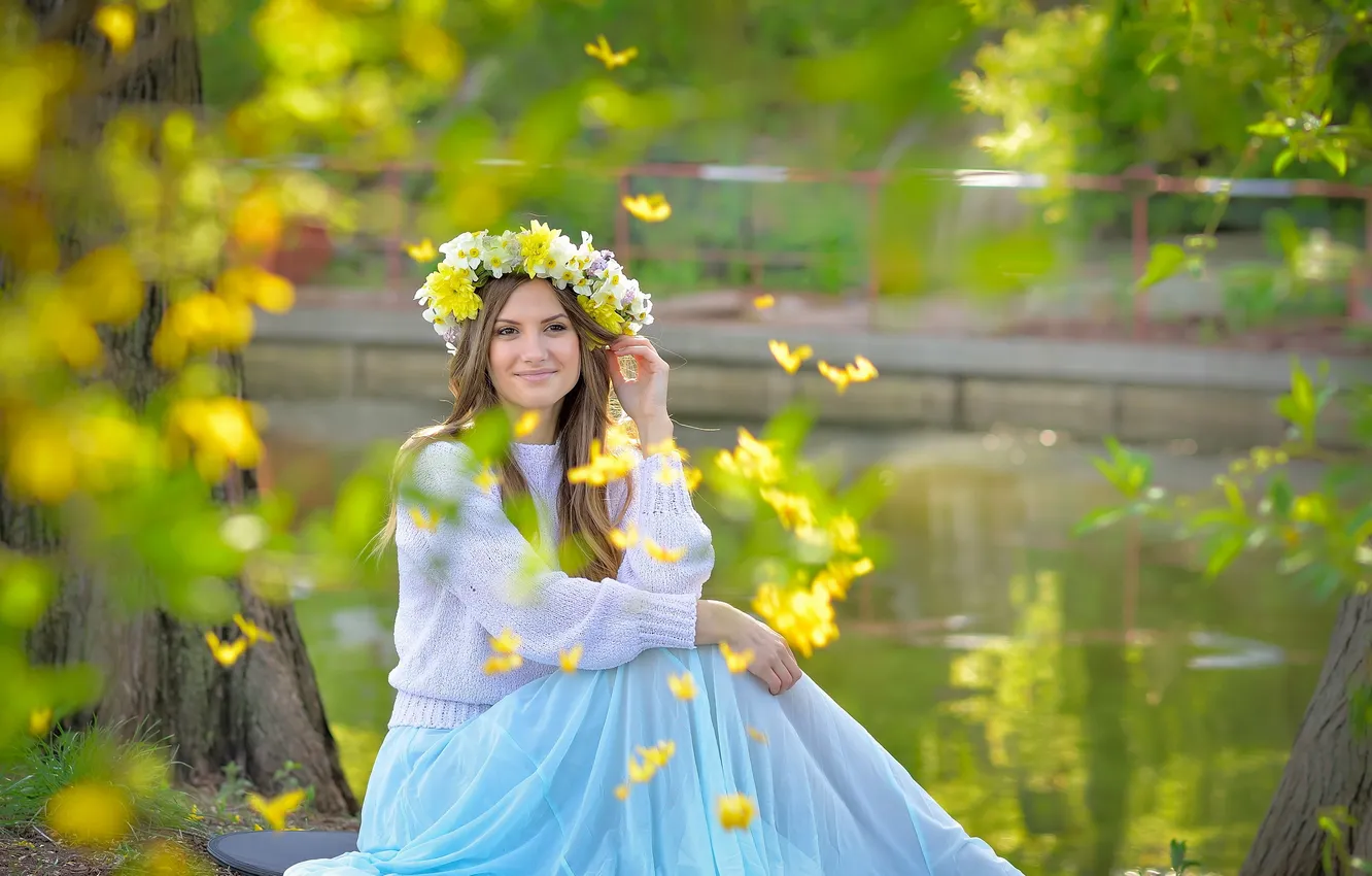 Photo wallpaper look, girl, pose, spring, wreath