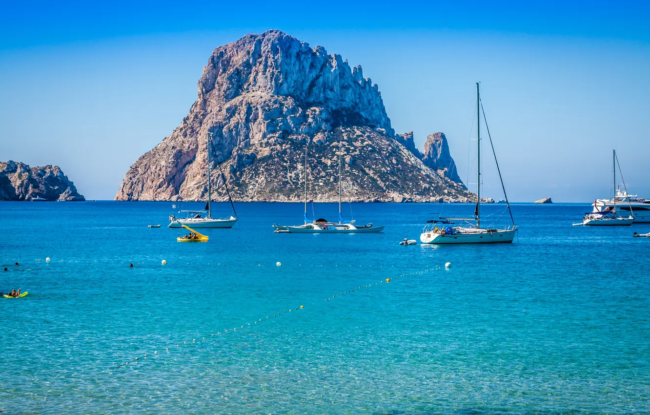 Photo wallpaper sea, stones, rocks, island, yacht, Spain, Ibiza