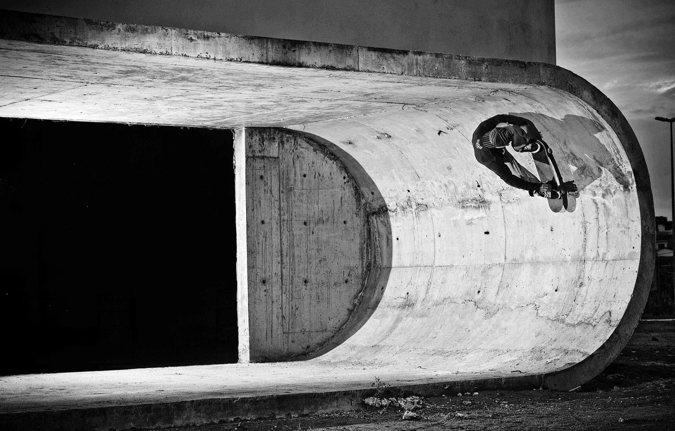 Photo wallpaper light, shadow, architecture, concrete, construction, black and white, skateboarding, skateboard