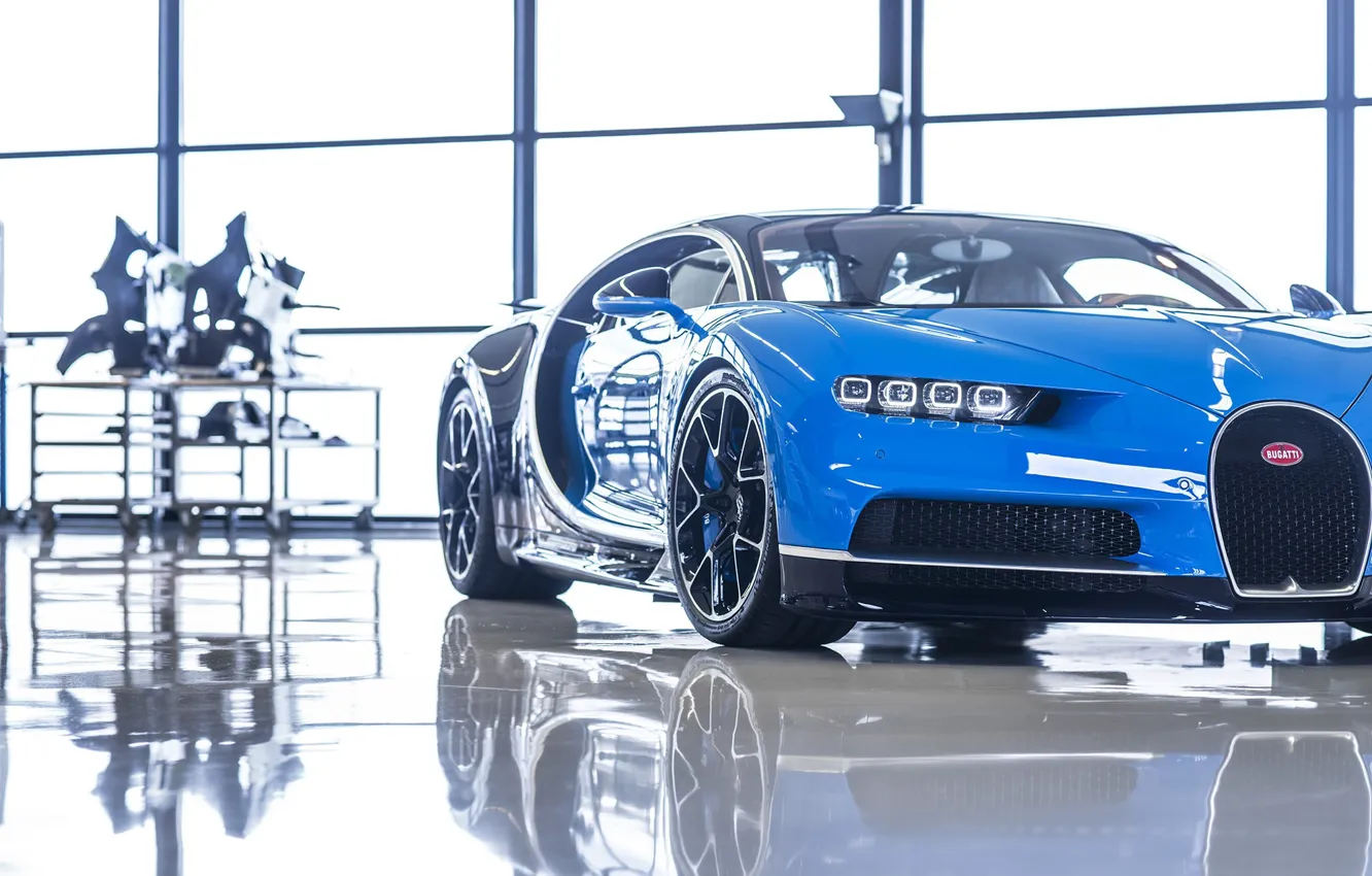 Photo wallpaper Bugatti, Blue, Black, White, Reflection, VAG, W16, Chiron