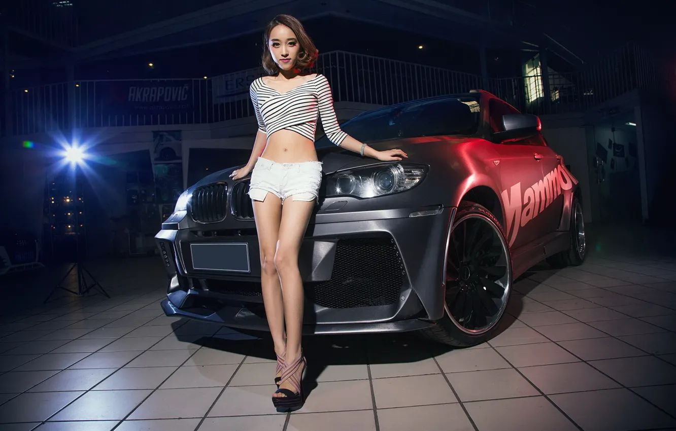 Photo wallpaper auto, look, girl, BMW, Asian, beautiful girl, leaning on the car