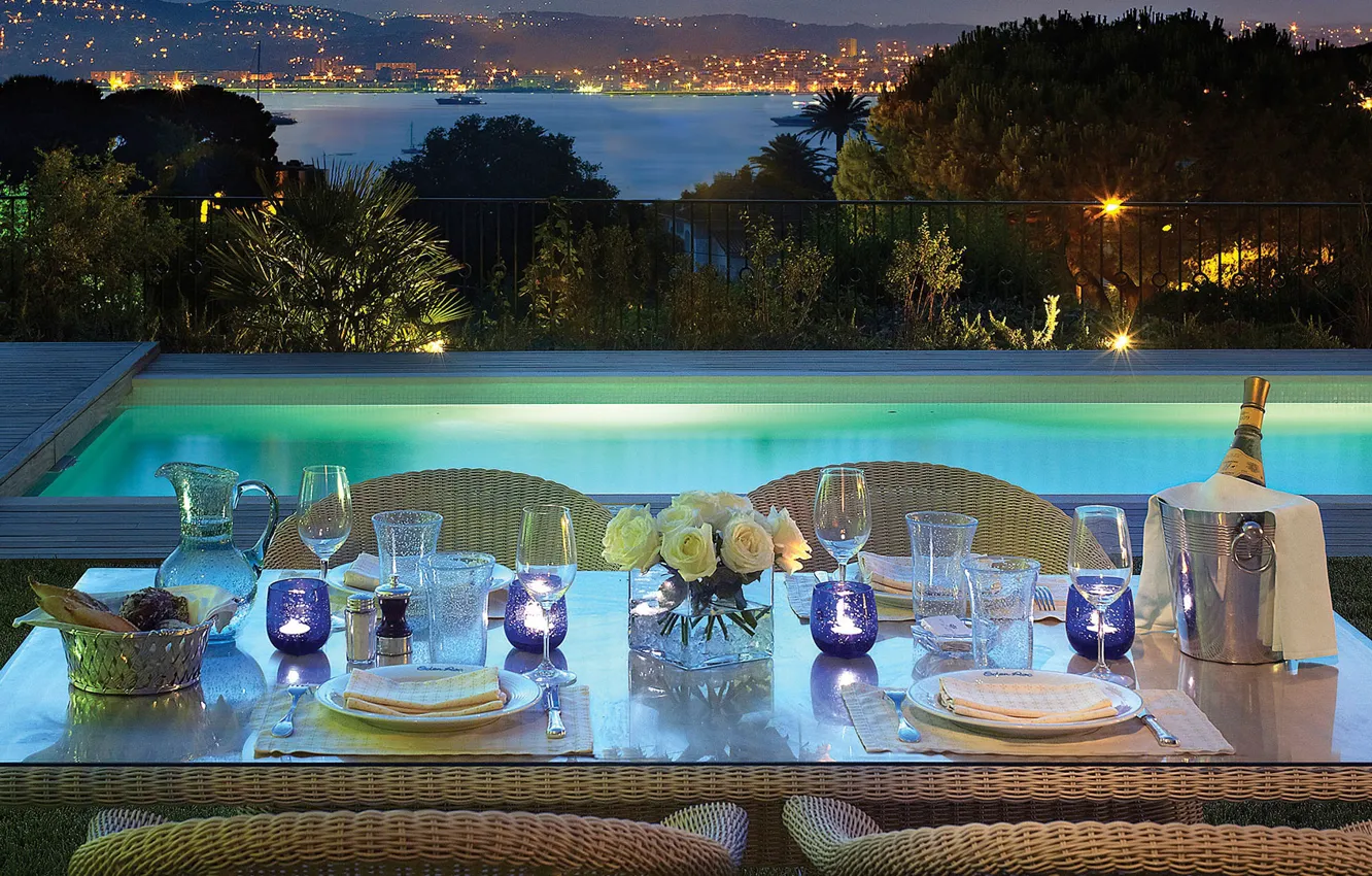 Photo wallpaper sea, the city, table, France, Villa, the evening, pool, dinner