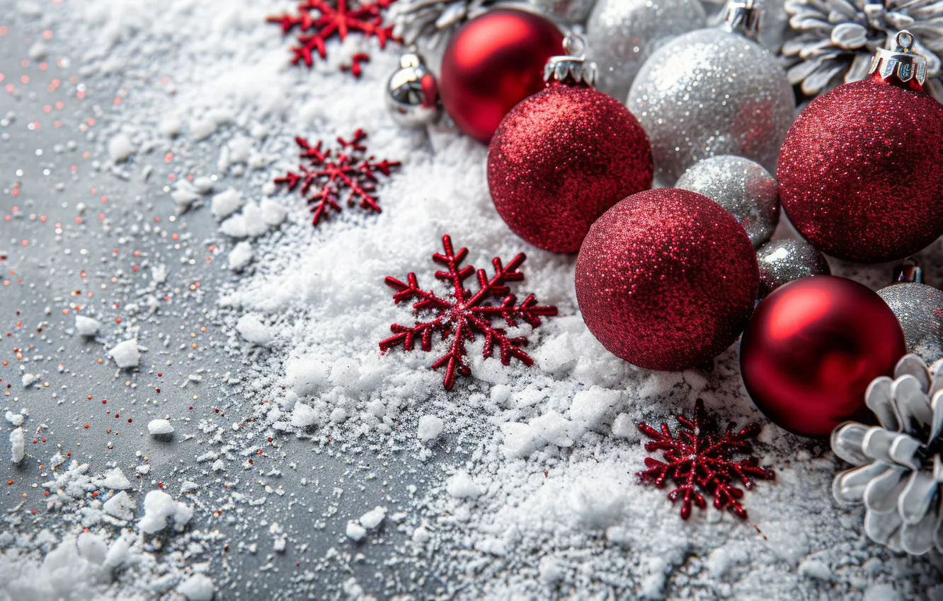 Photo wallpaper winter, balls, snow, snowflakes, red, new year, silver, Christmas