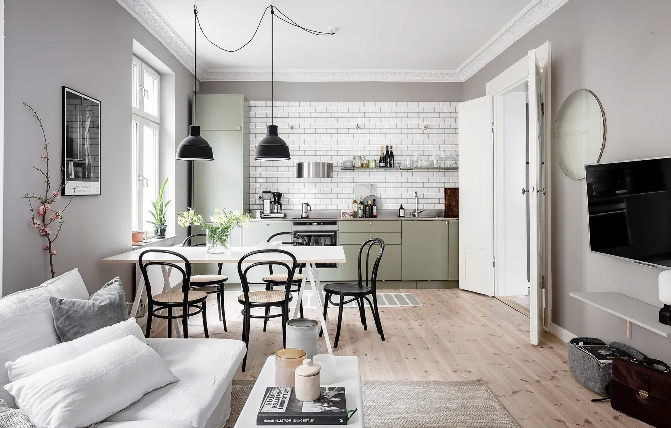 Photo wallpaper interior, dining room, living room, small room, kitchen