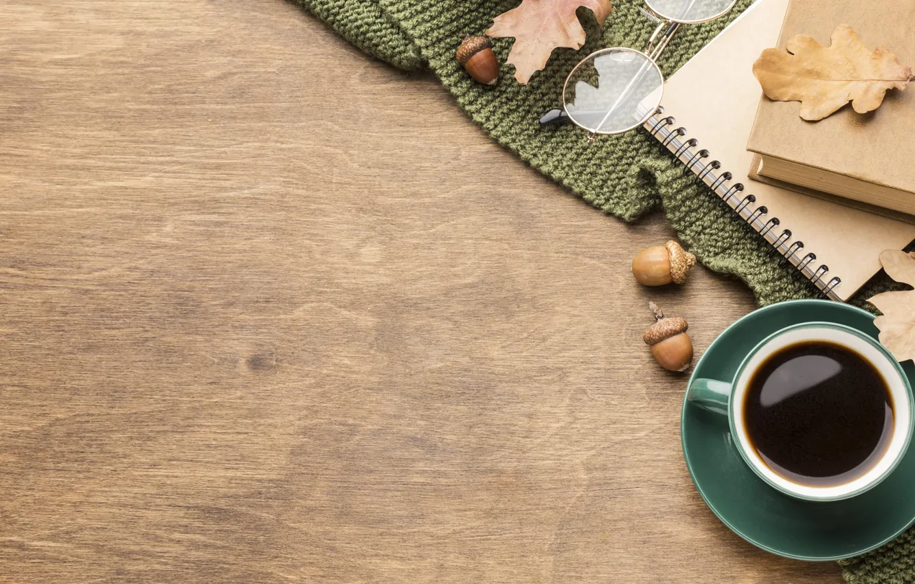 Photo wallpaper autumn, comfort, Board, coffee, scarf, glasses, Cup, Notepad