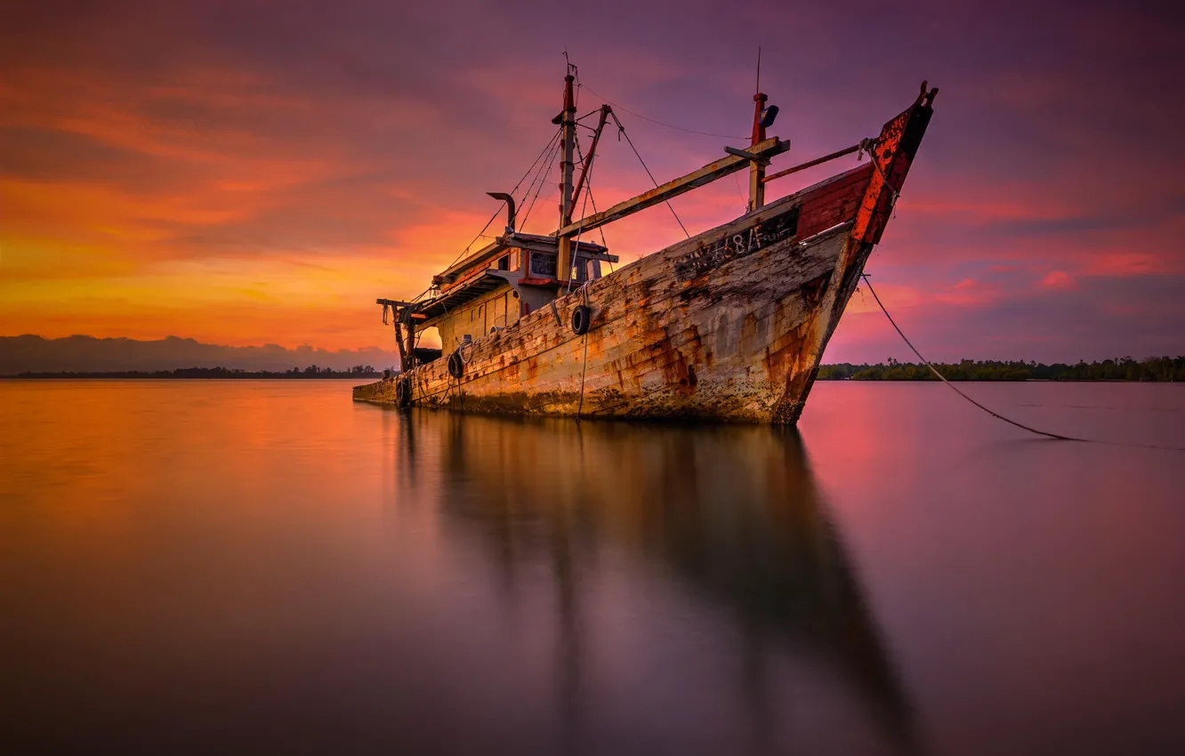 Photo wallpaper sunset, the ocean, shore, ship, barge