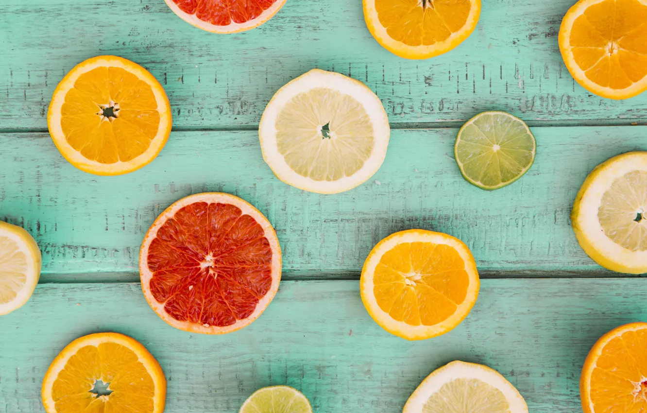 Photo wallpaper lemon, orange, lemon, fruit, wood, slices, grapefruit, fruit