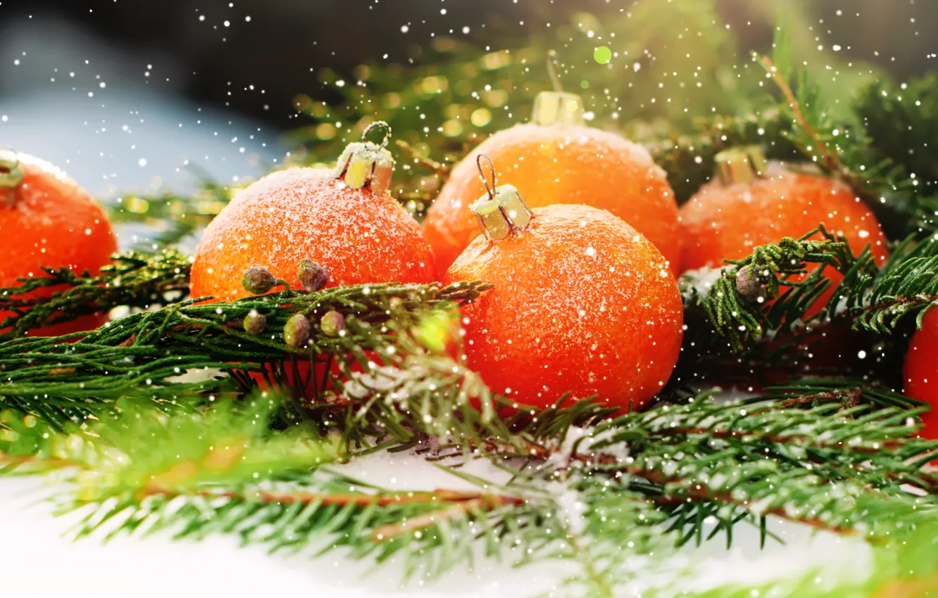 Photo wallpaper snow, decoration, tree, oranges, New Year, Christmas, fruit, Christmas