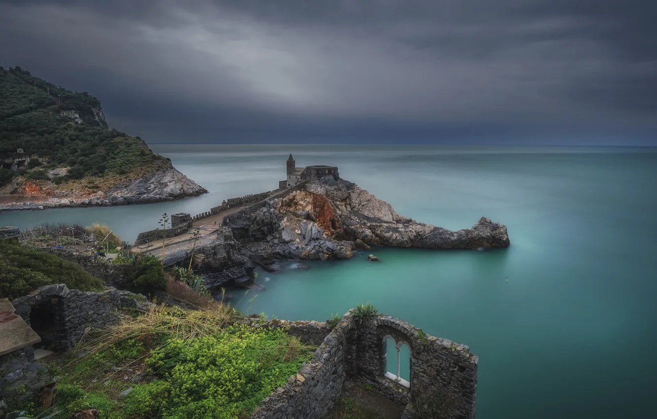 Photo wallpaper sea, coast, Italy, Church, the ruins, Italy, The Ligurian sea, Liguria
