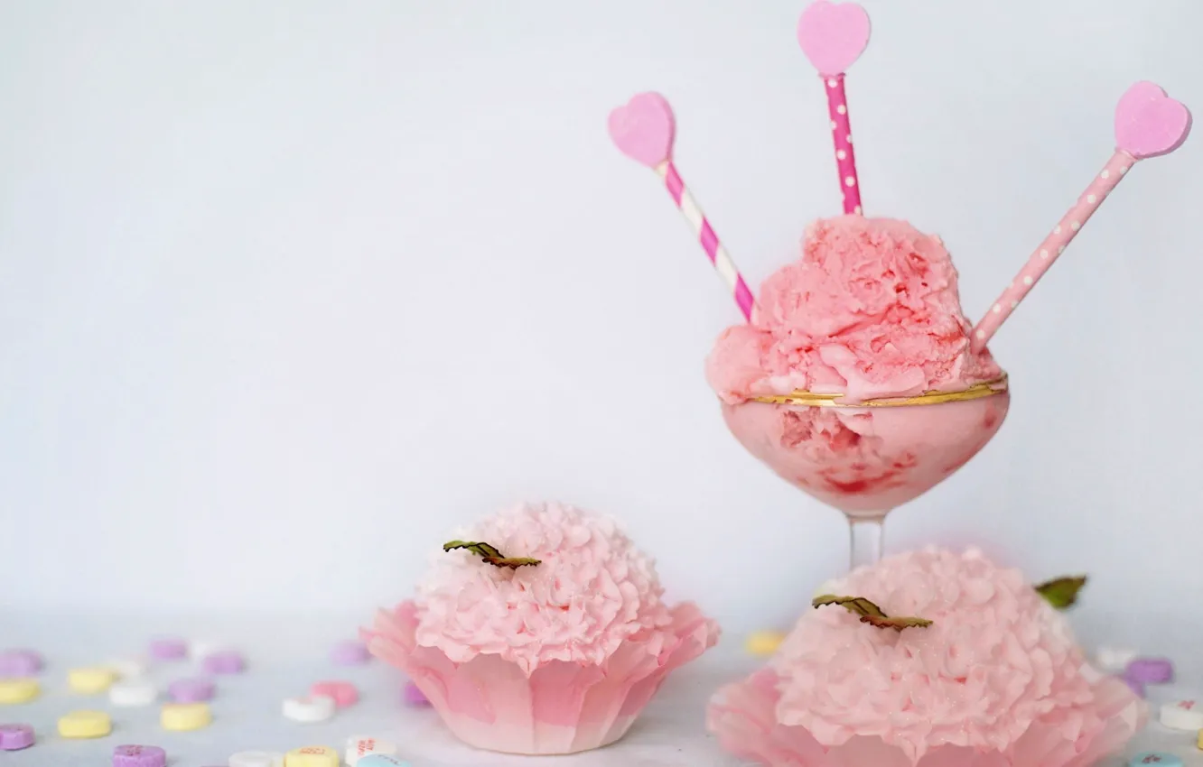 Photo wallpaper summer, candy, ice cream, pink, cream, dessert, cupcakes