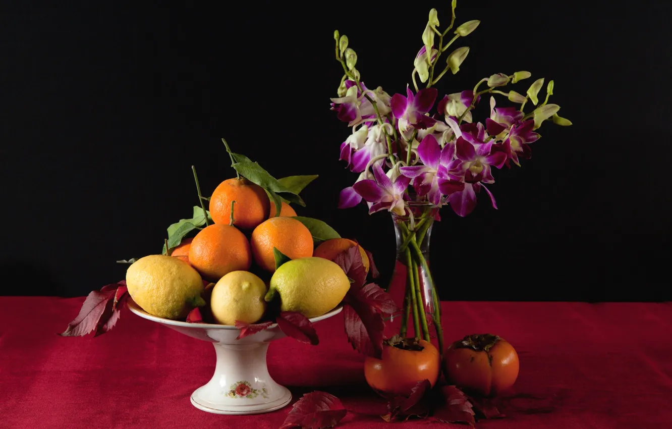 Photo wallpaper flowers, lemon, orange, vase, fruit, still life, persimmon