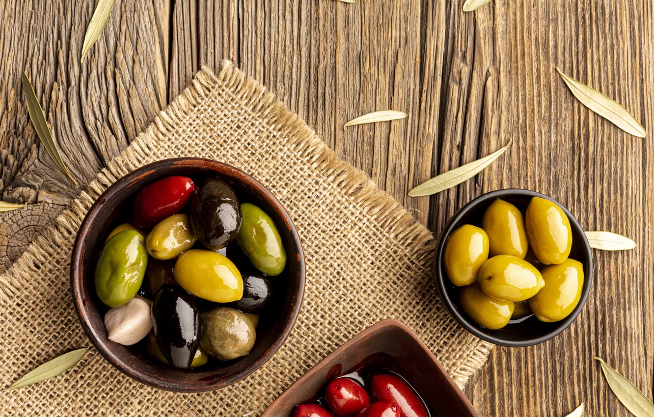 Photo wallpaper bowl, olives, Board, burlap, olives