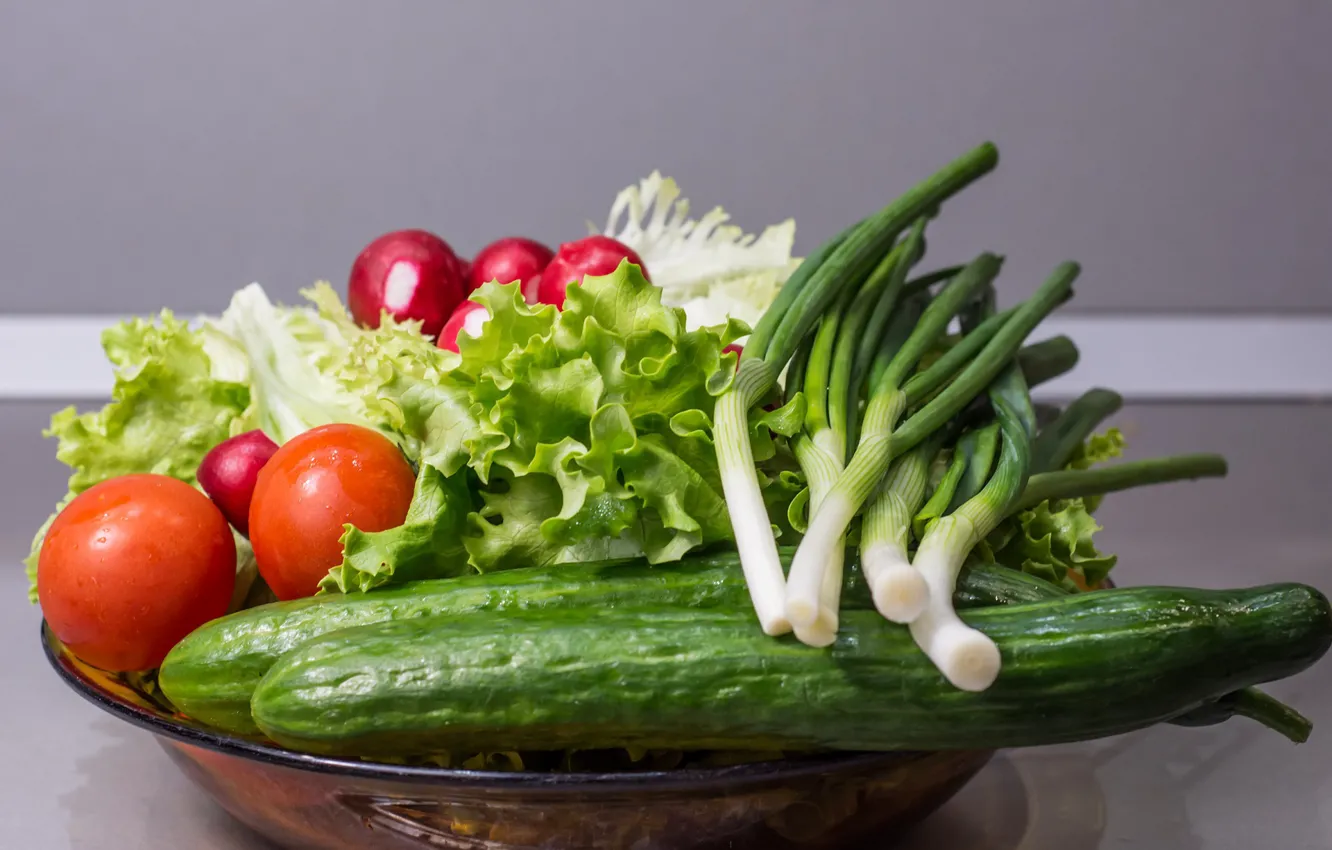 Photo wallpaper greens, bow, vegetables, tomatoes, cucumbers