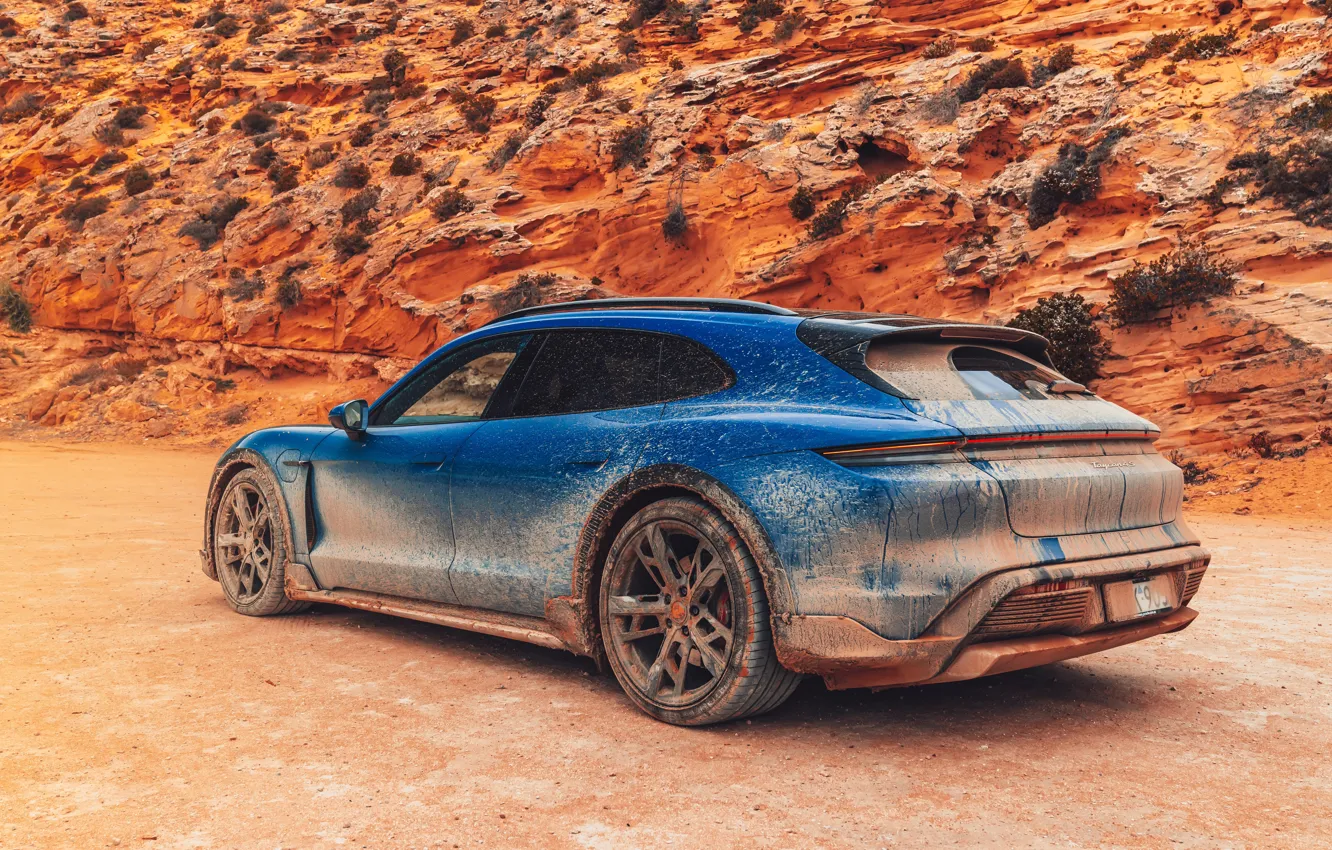 Photo wallpaper Porsche, Blue, Rear, Mud, Cross Turismo, 2021, Taycan, Porsche Taycan 4S