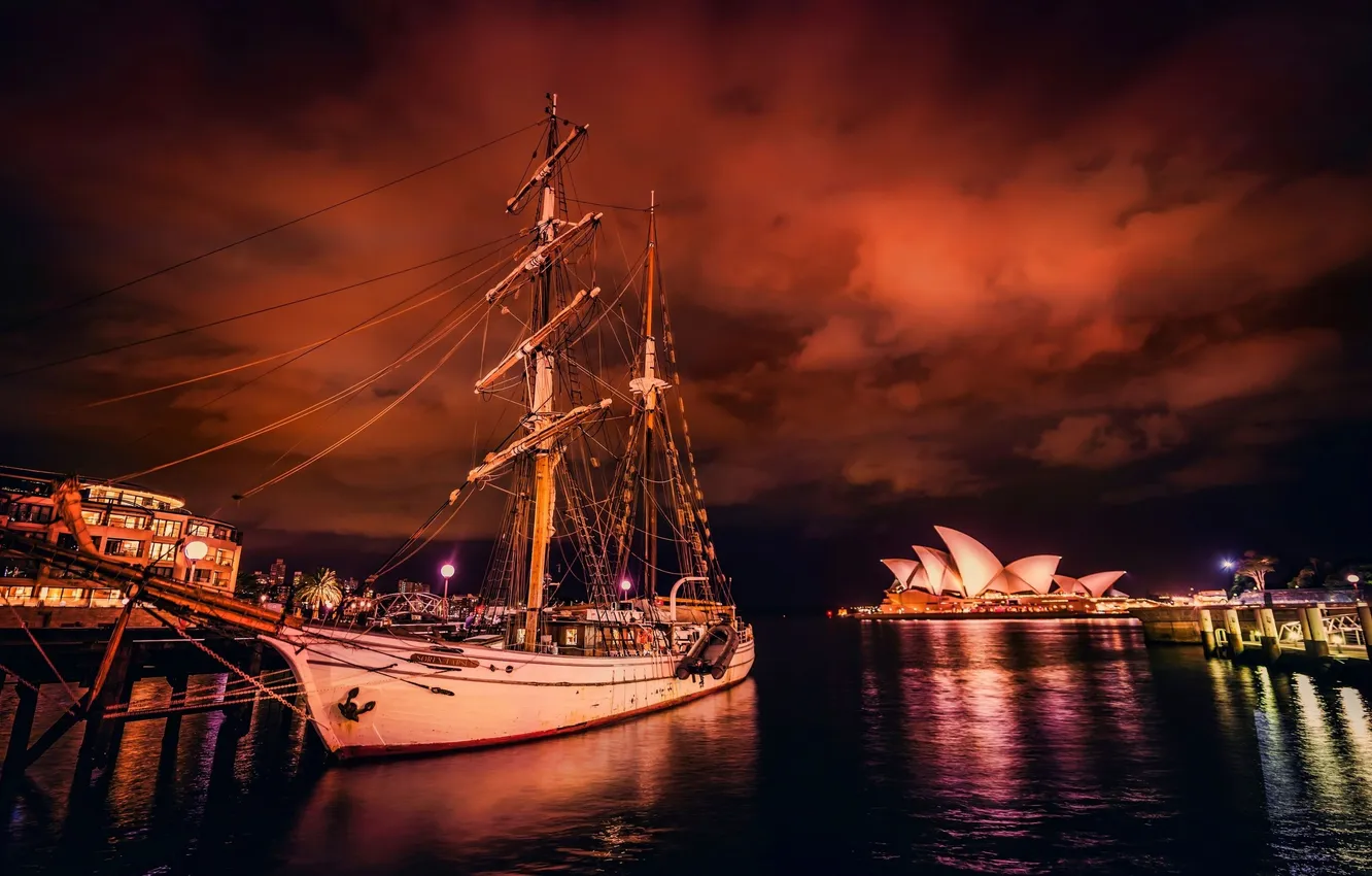 Photo wallpaper ship, Australia, night, Marina, Sydney, sailboat
