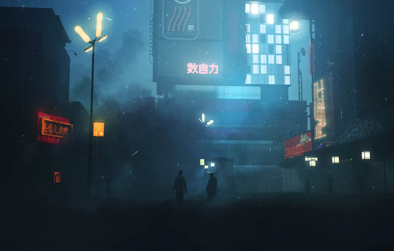 Photo wallpaper night, city, the city, style, rendering, fiction, rain, people