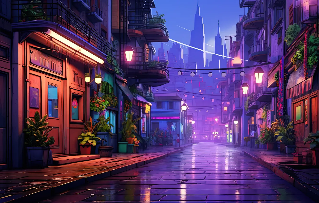 Photo wallpaper city, the city, street, wire, lamp, skyscrapers, window, lights