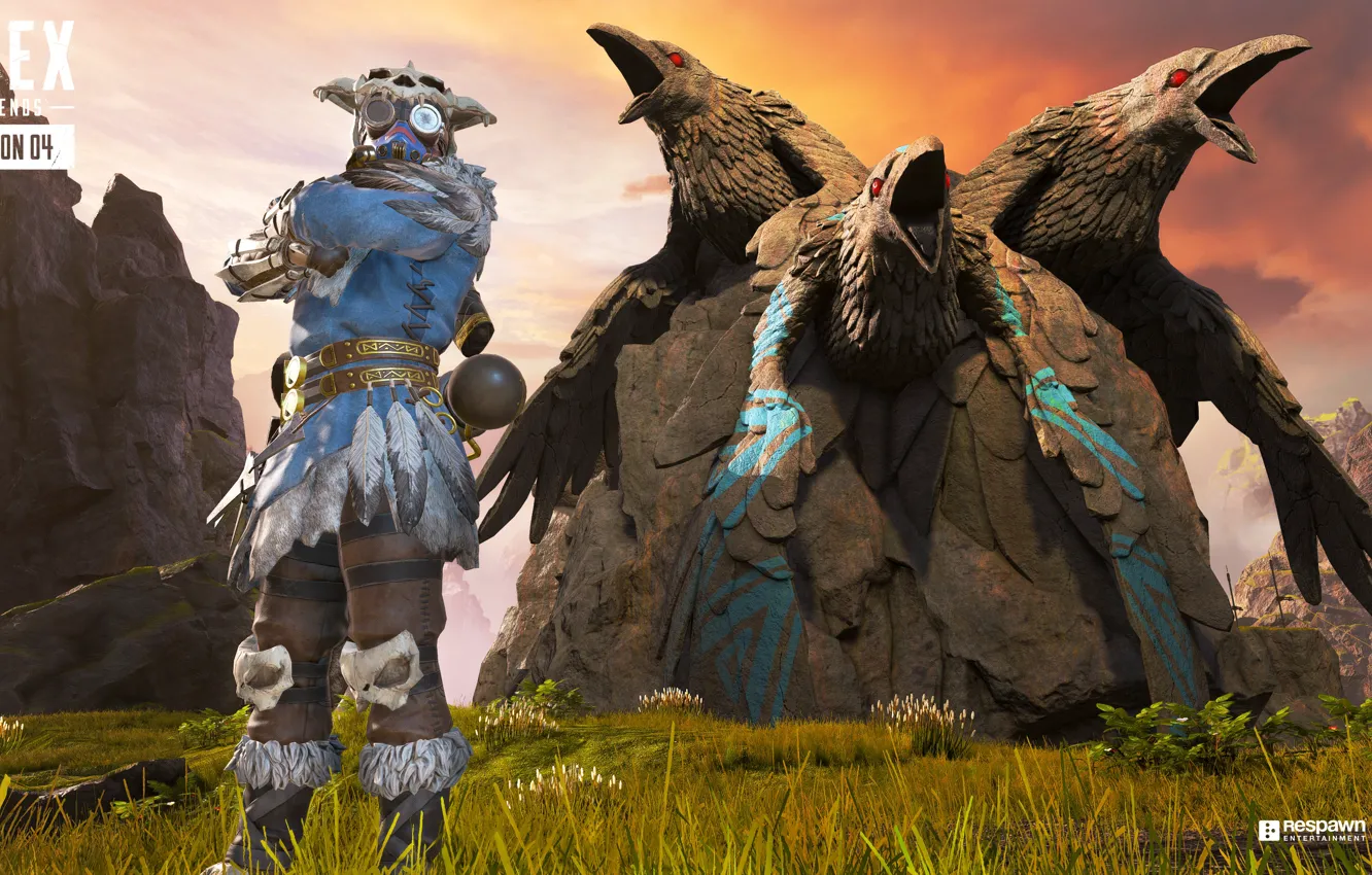 Photo wallpaper mountains, bird, mask, characters, Bloodhound, Apex Legends