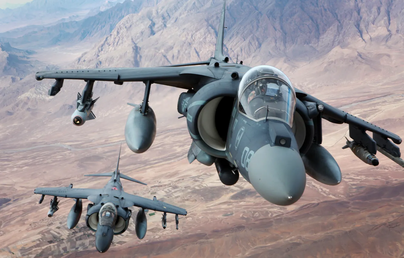 Photo wallpaper flight, mountains, fighters, pair, stormtroopers, AV-8B, Harriers