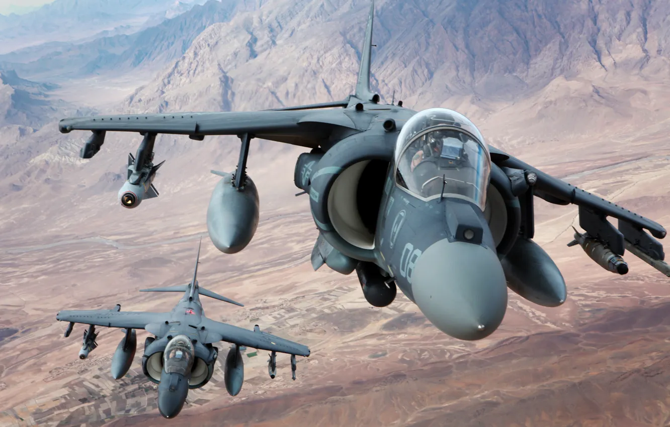 Photo wallpaper flight, mountains, fighter, pair, attack, AV-8B, Harriers