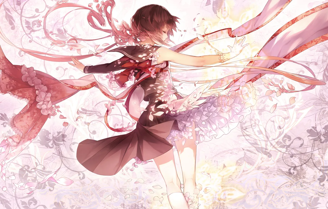 Photo wallpaper girl, back, petals, dress, art, form, mahou shoujo taisen, comin