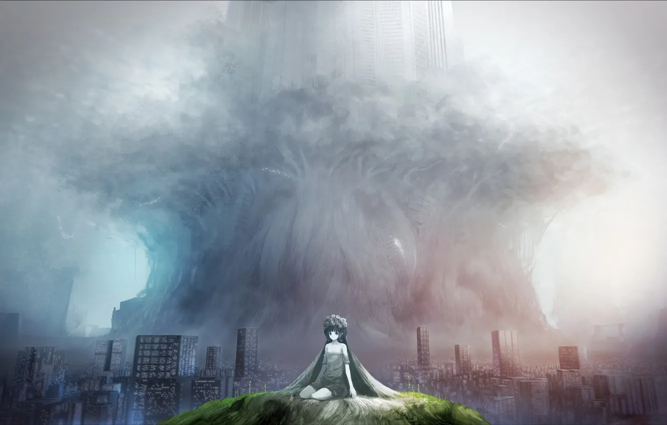 Photo wallpaper girl, the city, hills, home, anime, art, wreath