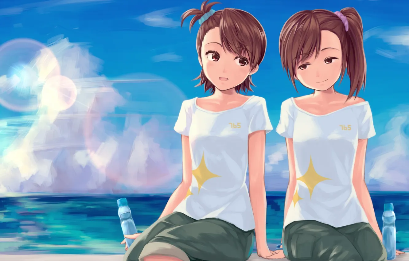 Photo wallpaper sea, girl, smile, drink, art, sitting, idolmaster, futami ami