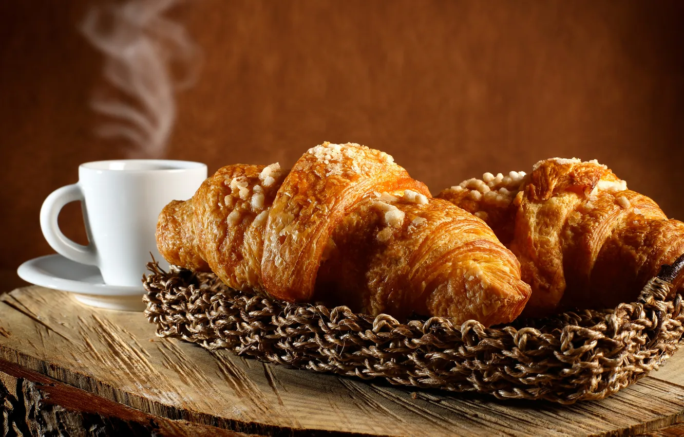 Photo wallpaper coffee, basket, cakes, aroma, coffee, croissant, basket, pastries