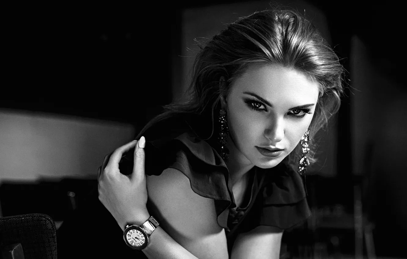 Photo wallpaper look, pose, model, portrait, makeup, hairstyle, black and white, beauty