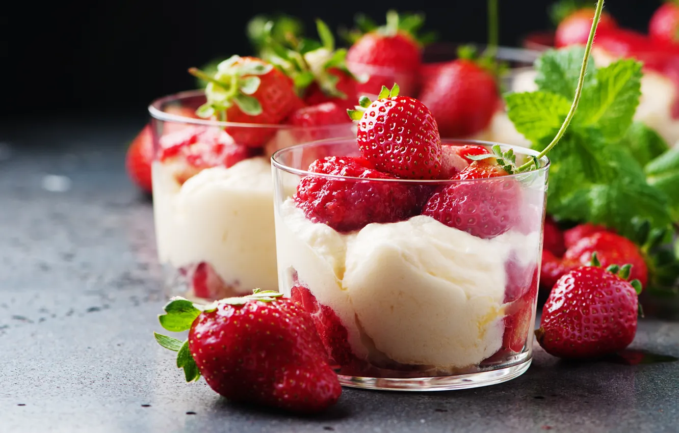 Photo wallpaper berries, strawberry, ice cream, glass, cream, dessert, sweet, sweet