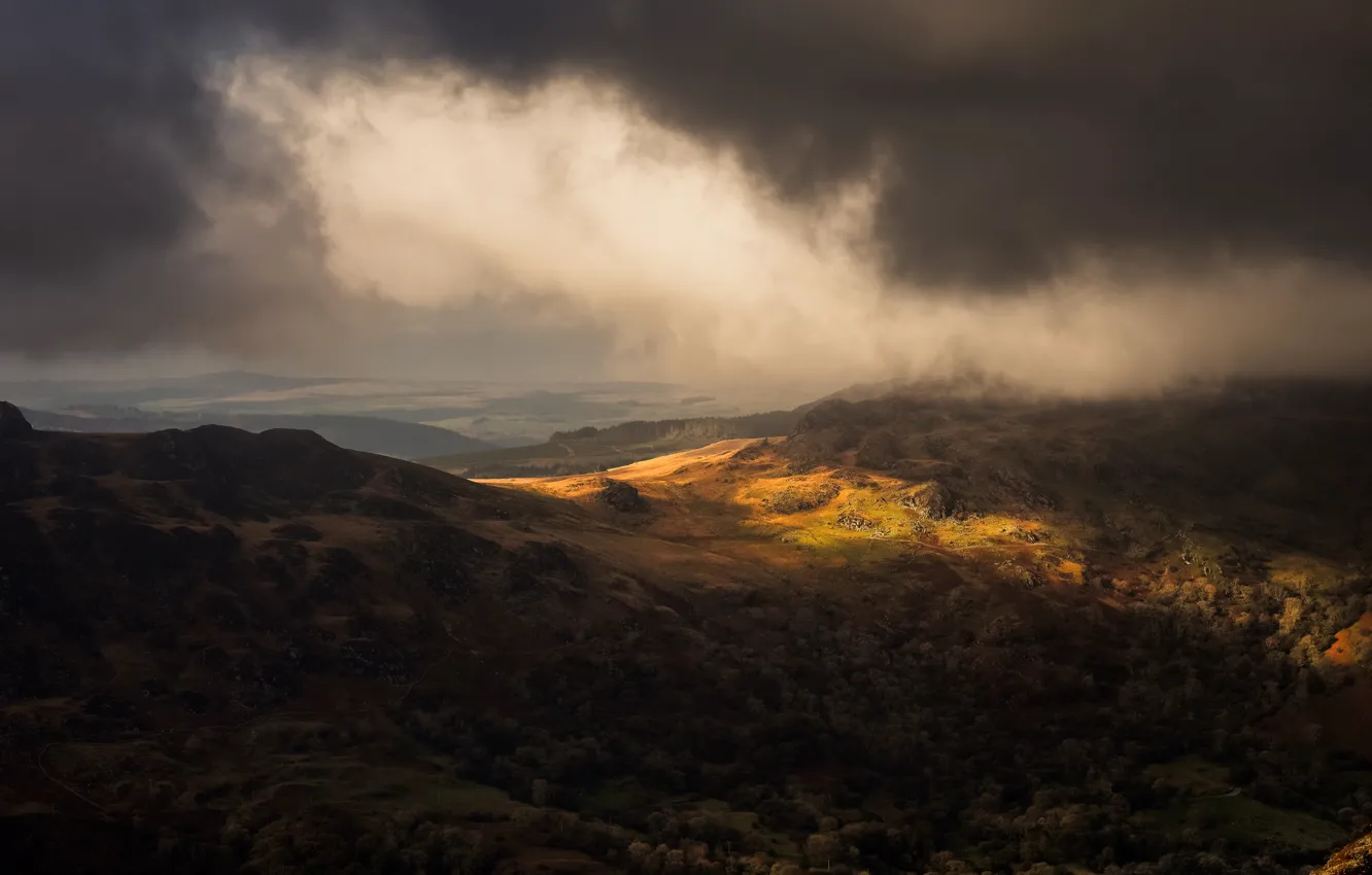 Photo wallpaper clouds, trees, mountains, clouds, hills, view, dal, lighting