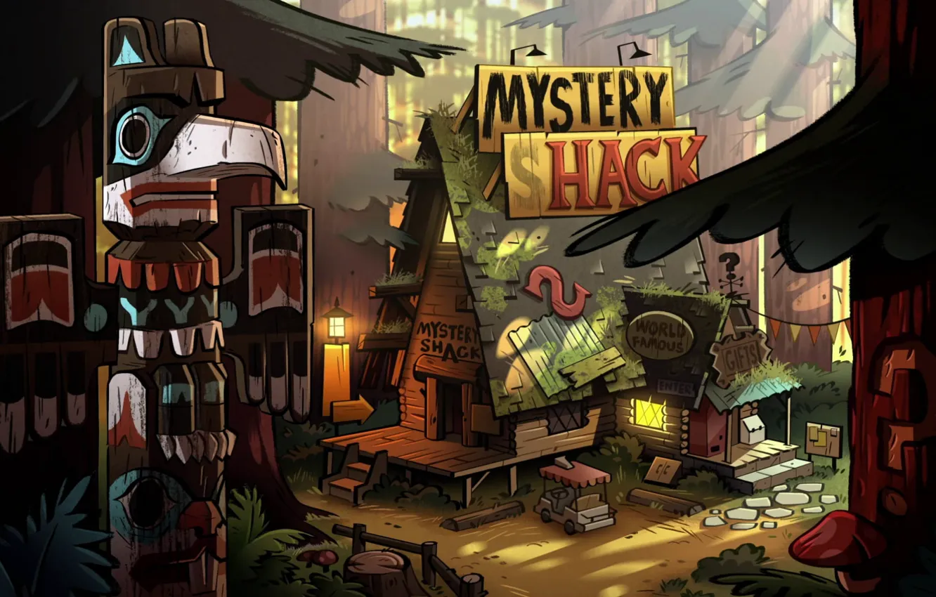 Photo wallpaper forest, trees, house, cartoon, ate, tavern, totem, Gravity Falls