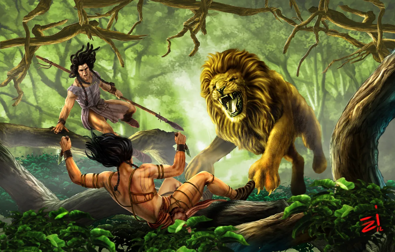 Photo wallpaper forest, predator, Leo, jungle, art, knife, spear, hunting