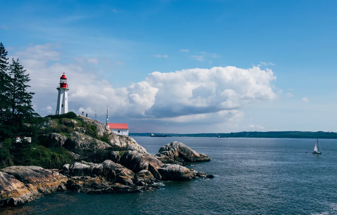 Photo wallpaper Dock, sky, trees, sea, ocean, nature, clouds, rocks